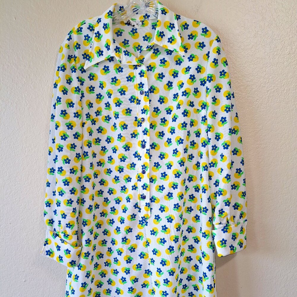 VTG 60's Flower Midi Shirt Dress White Blue Yellow M